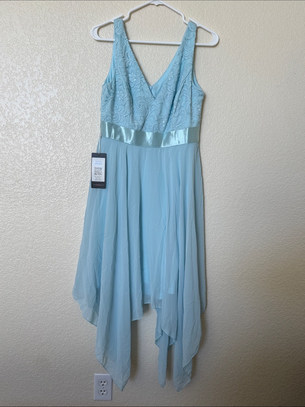 Light Blue Lace Bodice Handkerchief Hem Dress